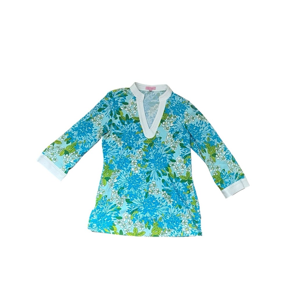 Lilly Pulitzer‎ Floral Print Tunic Top  Blue Green Resort Preppy, Size Small